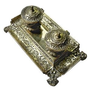 Vintage Victorian Ornate Brass Double Inkwell